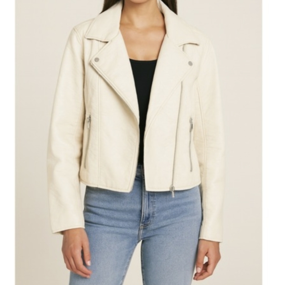 ABERCROMBIE & FITCH Women's L Jacket Cream White Vegan Leather Moto Biker